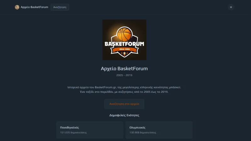 Archive landing page with the community logo and largest sections