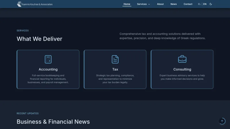 Services section of the homepage in dark mode with three service cards
