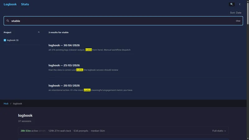 Full-text search results with highlighted matches and a project filter