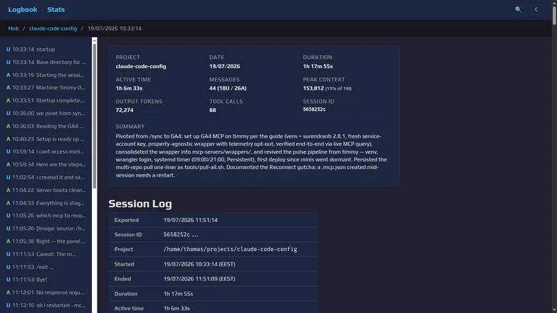 A session page with metrics card, summary and timestamped table of contents