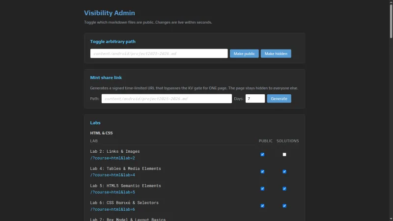 Private admin dashboard with share link form and per-lab visibility checkboxes