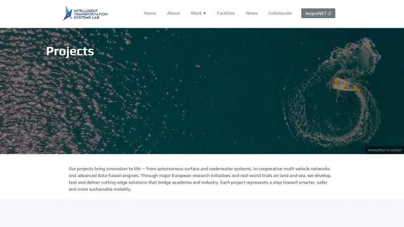Projects page with an aerial view of an autonomous vessel turning at sea