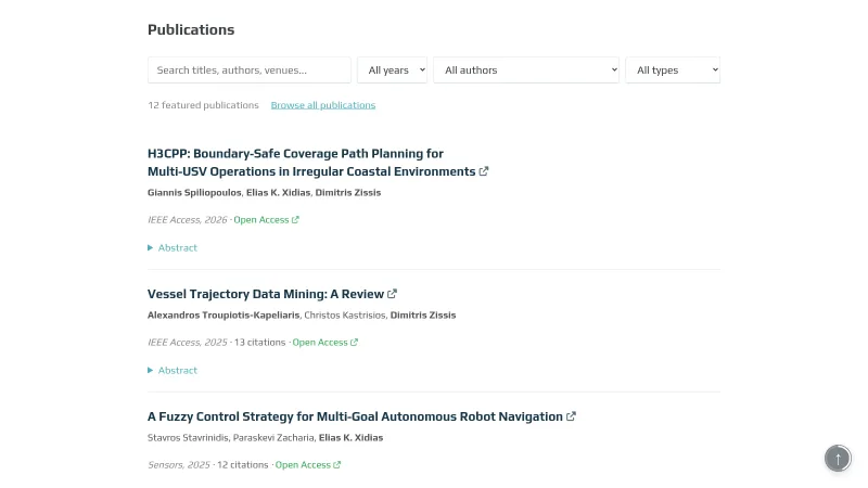 Publications archive with search, filters, and featured papers