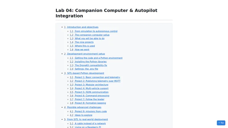 Lab 04 notes page, table of contents with the nine-project arc