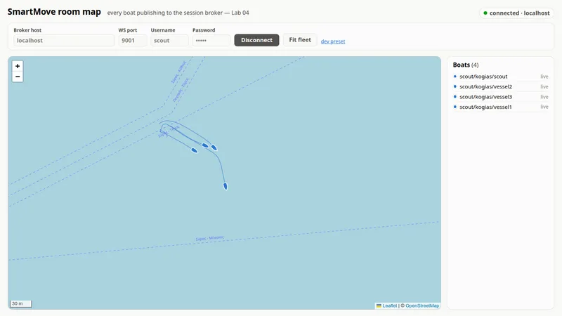 The fleet map with the four-vessel formation and its track trails