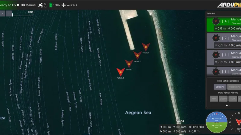 QGroundControl with the four simulated vessels spawned off the Ermoupoli breakwater